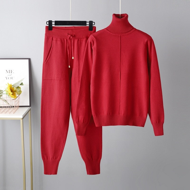 2 PC Knitted Turtleneck Sweater + Jogging Pants Set