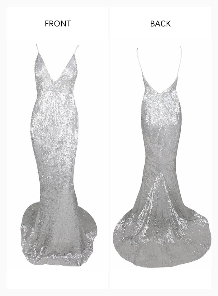 Deep V Elastic Sequin Exposed Back Gown