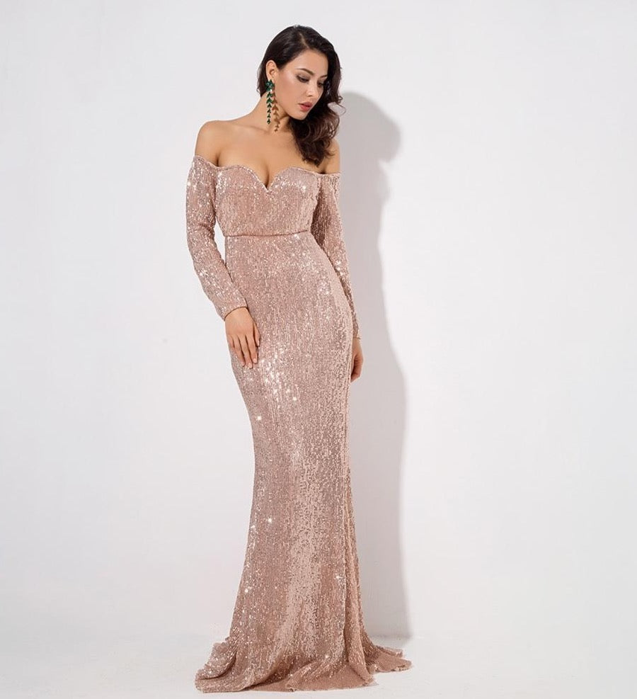 Strapless Deep V Collar Sequin Gown