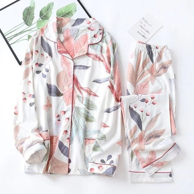 Spring Leaves Printed Cotton Pajamas