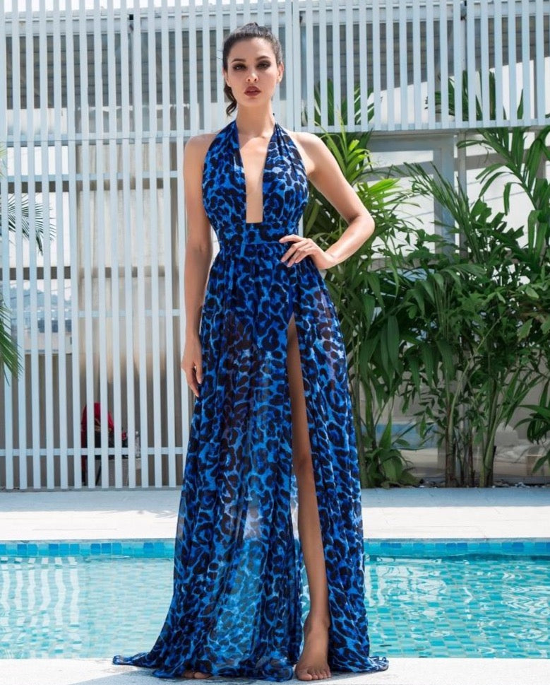 Blue Leopard Chiffon Maxi Dress