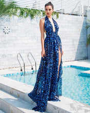 Load image into Gallery viewer, Blue Leopard Chiffon Maxi Dress
