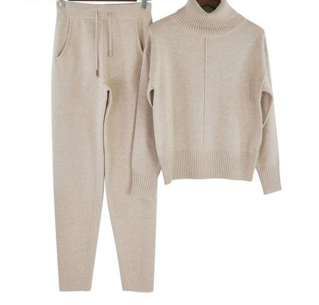 Wool Cotton Knit High Collar Sweater+Pants