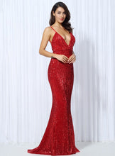 Load image into Gallery viewer, Deep V Elastic Sequin Exposed Back Gown
