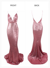 Load image into Gallery viewer, Deep V Elastic Sequin Exposed Back Gown
