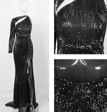 Load image into Gallery viewer, Black Sequin Single Sleeve Gown
