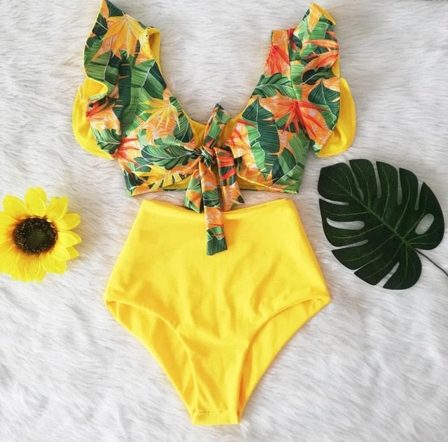 Ruffle High Waist Push Up Sexy Floral Bikini